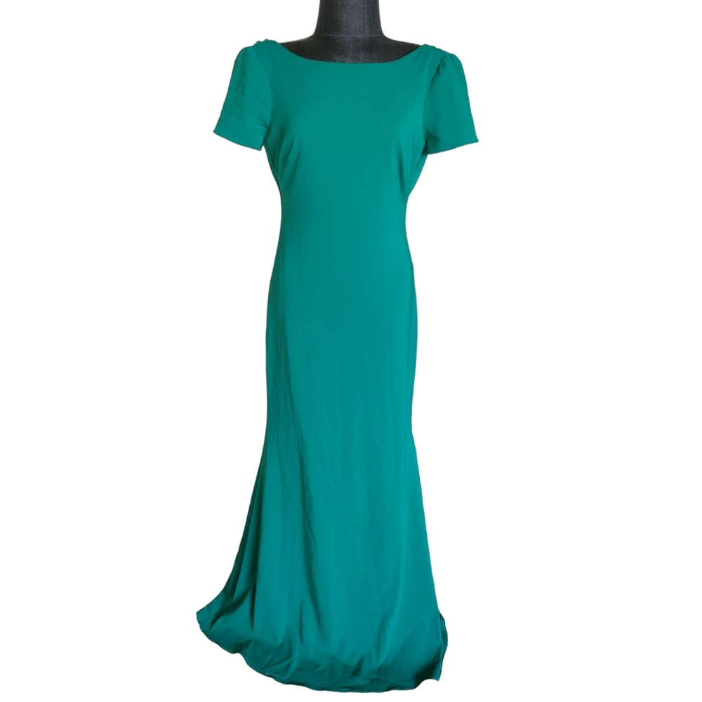 Badgley Mischka Emerald Green Short Sleeve V Plunge Back Gown Dress sz 0